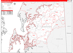 Queen Anne'sCounty, MD Wall Map Zip Code Red Line Style 2026